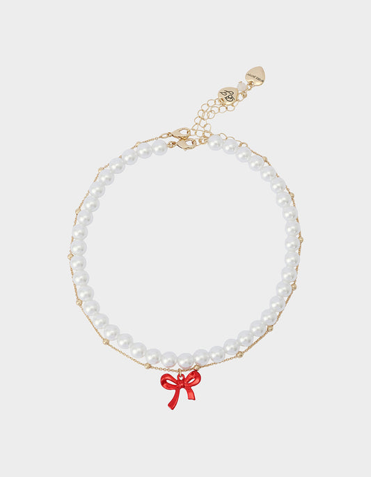 PEARL BOW NECLAKCE SET RED Women's Pearl Bow Valentine's Day Necklace Set | Betsey Johnson Quality