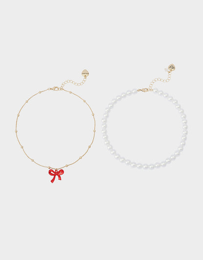 PEARL BOW NECLAKCE SET RED Women's Pearl Bow Valentine's Day Necklace Set | Betsey Johnson Quality
