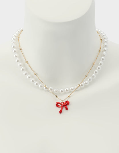PEARL BOW NECLAKCE SET RED Women's Pearl Bow Valentine's Day Necklace Set | Betsey Johnson Quality