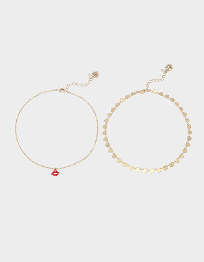 LIPS NECKLACE SET RED Women's Gold Heart Chain Lip Valentine's Day Necklace Set | Betsey Johnson Discount