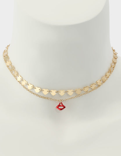 LIPS NECKLACE SET RED Women's Gold Heart Chain Lip Valentine's Day Necklace Set | Betsey Johnson Discount
