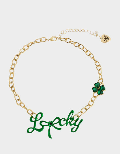 LUCKY FRONTAL NECKLACE GREEN Women's St. Patrick's Day Bib Necklace | Betsey Johnson Smart Buy