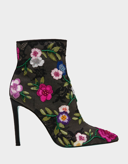 ANITA BLACK MULTI FLORAL Pointed-Toe Heeled Ankle Boot | Betsey Johnson Trending
