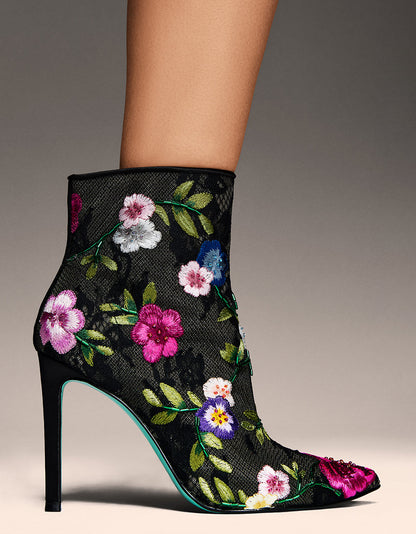 ANITA BLACK MULTI FLORAL Pointed-Toe Heeled Ankle Boot | Betsey Johnson Trending