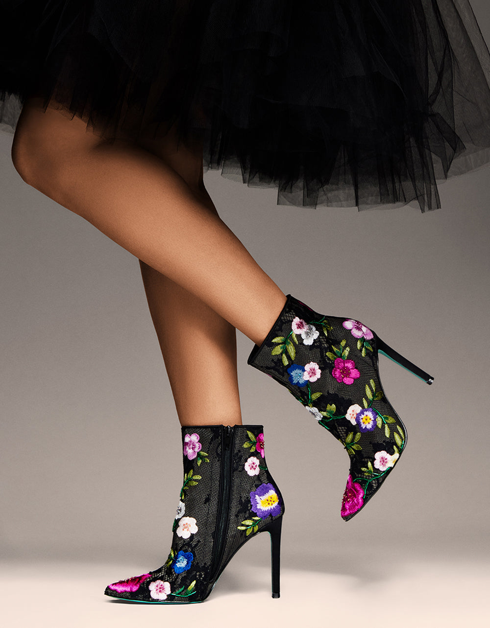 ANITA BLACK MULTI FLORAL Pointed-Toe Heeled Ankle Boot | Betsey Johnson Trending