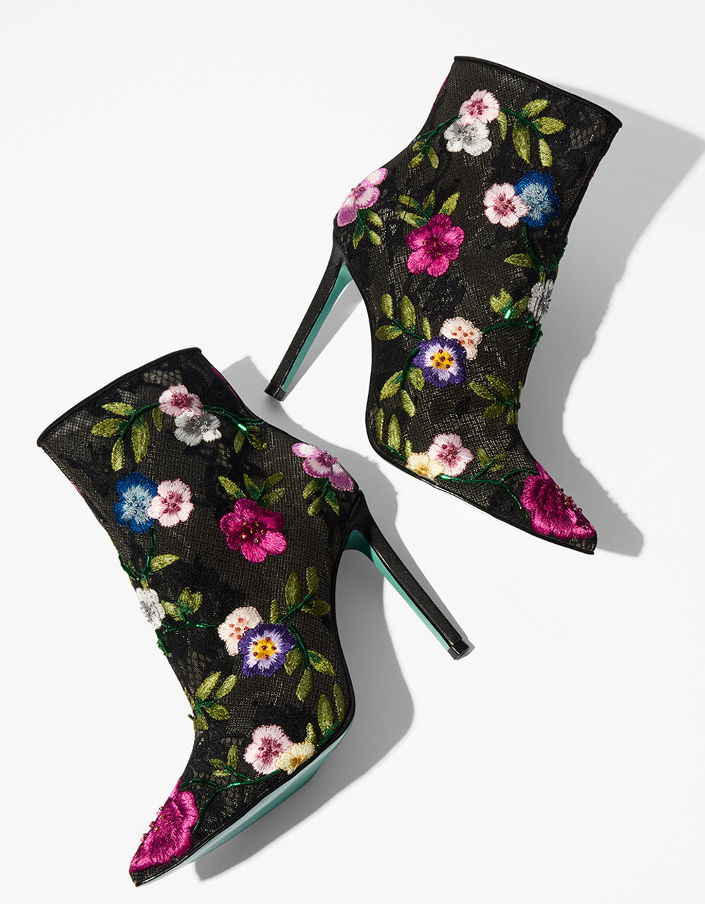 ANITA BLACK MULTI FLORAL Pointed-Toe Heeled Ankle Boot | Betsey Johnson Trending