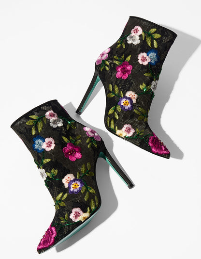 ANITA BLACK MULTI FLORAL Pointed-Toe Heeled Ankle Boot | Betsey Johnson Trending