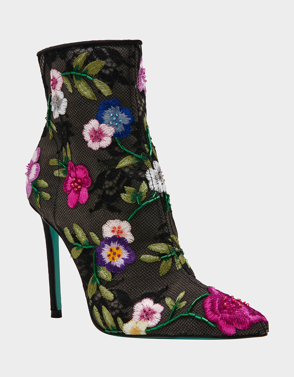 ANITA BLACK MULTI FLORAL Pointed-Toe Heeled Ankle Boot | Betsey Johnson Trending