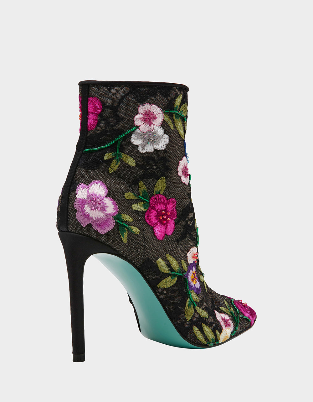 ANITA BLACK MULTI FLORAL Pointed-Toe Heeled Ankle Boot | Betsey Johnson Trending
