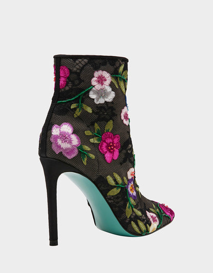 ANITA BLACK MULTI FLORAL Pointed-Toe Heeled Ankle Boot | Betsey Johnson Trending
