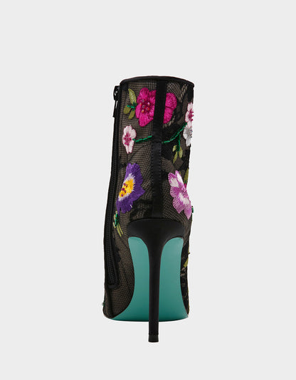 ANITA BLACK MULTI FLORAL Pointed-Toe Heeled Ankle Boot | Betsey Johnson Trending