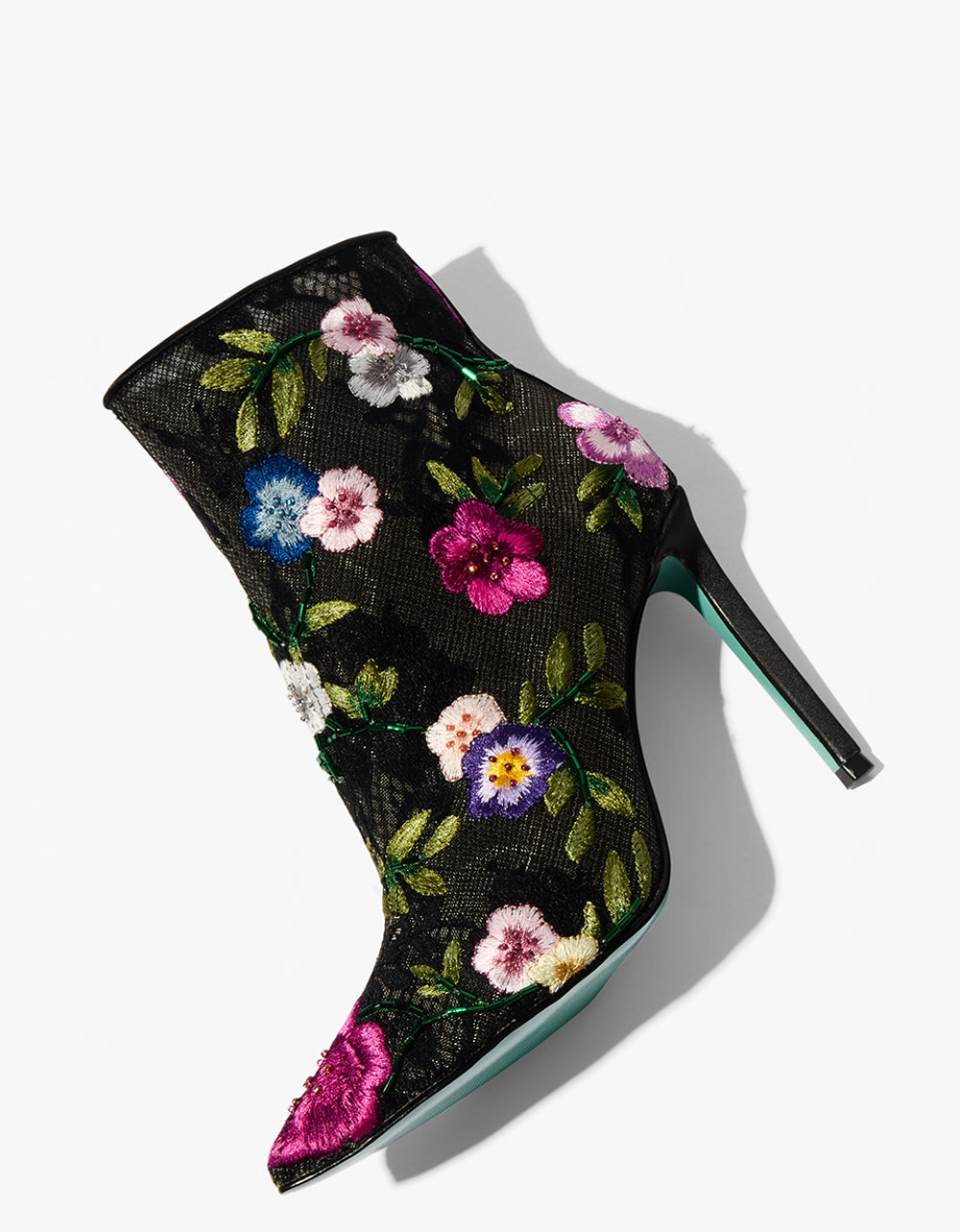 ANITA BLACK MULTI FLORAL Pointed-Toe Heeled Ankle Boot | Betsey Johnson Trending