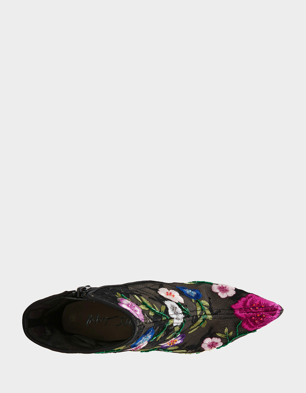 ANITA BLACK MULTI FLORAL Pointed-Toe Heeled Ankle Boot | Betsey Johnson Trending
