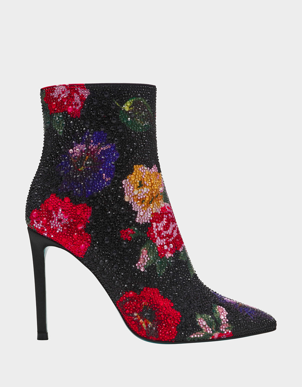 BELLE BLACK FLOWER MULTI Women's Rhinestone Pointed Toe Ankle Bootie | Betsey Johnson Premium