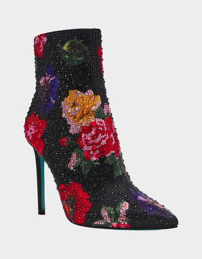 BELLE BLACK FLOWER MULTI Women's Rhinestone Pointed Toe Ankle Bootie | Betsey Johnson Premium