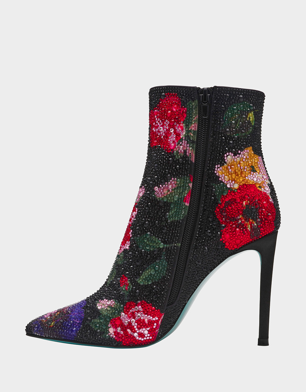 BELLE BLACK FLOWER MULTI Women's Rhinestone Pointed Toe Ankle Bootie | Betsey Johnson Premium