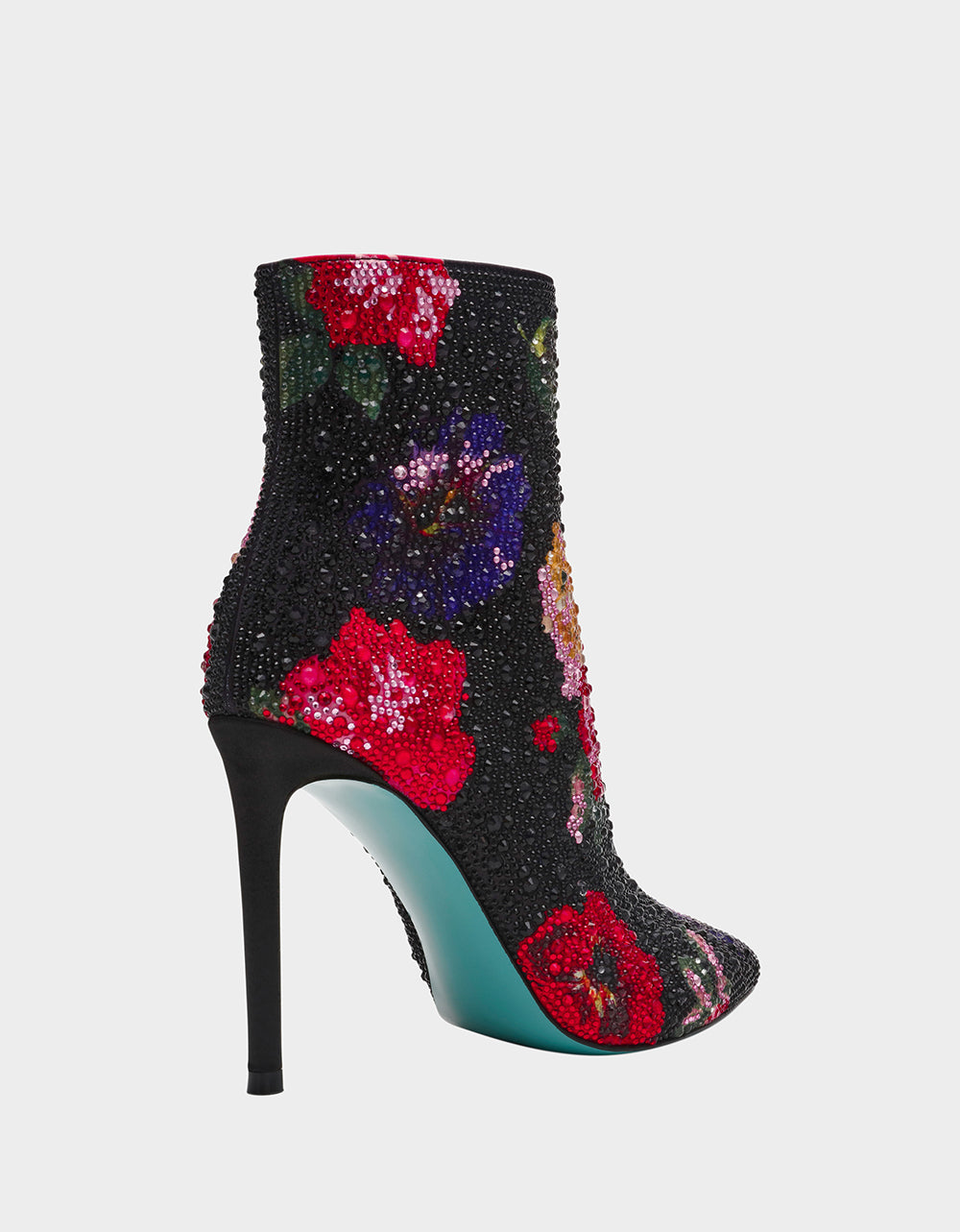 BELLE BLACK FLOWER MULTI Women's Rhinestone Pointed Toe Ankle Bootie | Betsey Johnson Premium