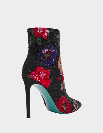 BELLE BLACK FLOWER MULTI Women's Rhinestone Pointed Toe Ankle Bootie | Betsey Johnson Premium