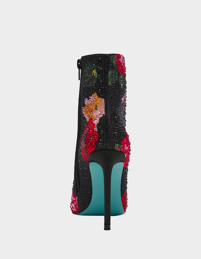BELLE BLACK FLOWER MULTI Women's Rhinestone Pointed Toe Ankle Bootie | Betsey Johnson Premium