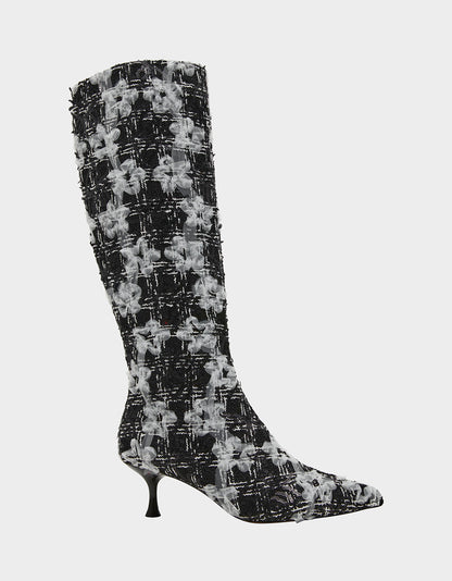 MAXXINE BLACK WHITE MULTI Pointed-Toe Knee-High Kitten Heel Women's Boot | Betsey Johnson Recommended