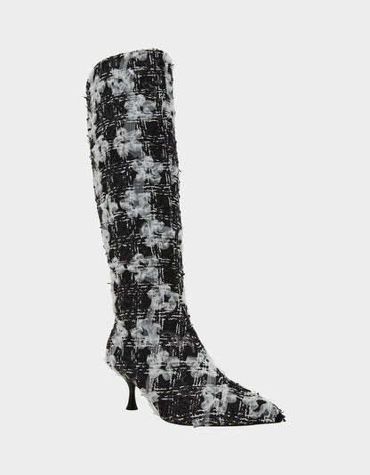 MAXXINE BLACK WHITE MULTI Pointed-Toe Knee-High Kitten Heel Women's Boot | Betsey Johnson Recommended
