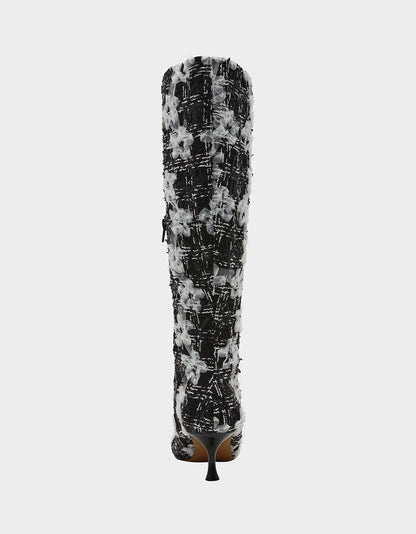 MAXXINE BLACK WHITE MULTI Pointed-Toe Knee-High Kitten Heel Women's Boot | Betsey Johnson Recommended