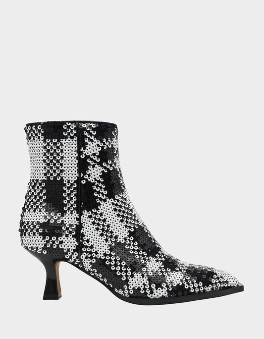LOUISA BLACK/WHITE PLAID Women's Pointed Toe Kitten Heel Ankle Bootie | Betsey Johnson Trending