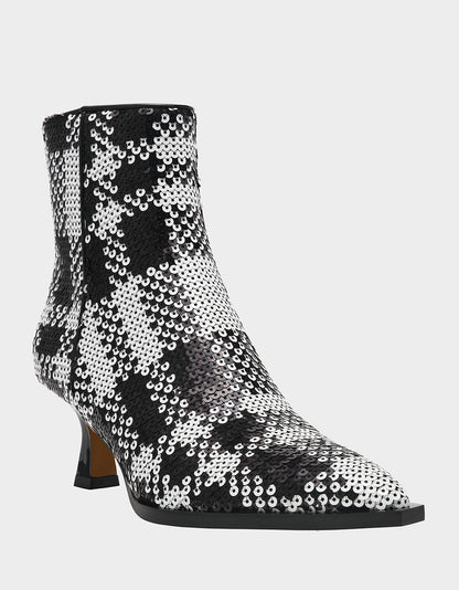 LOUISA BLACK/WHITE PLAID Women's Pointed Toe Kitten Heel Ankle Bootie | Betsey Johnson Trending