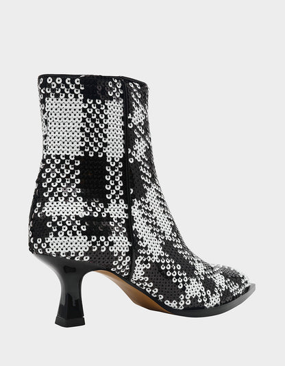 LOUISA BLACK/WHITE PLAID Women's Pointed Toe Kitten Heel Ankle Bootie | Betsey Johnson Trending