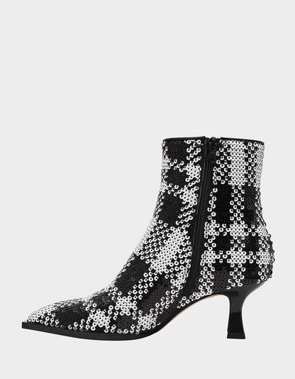 LOUISA BLACK/WHITE PLAID Women's Pointed Toe Kitten Heel Ankle Bootie | Betsey Johnson Trending