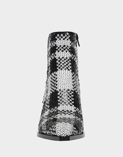 LOUISA BLACK/WHITE PLAID Women's Pointed Toe Kitten Heel Ankle Bootie | Betsey Johnson Trending