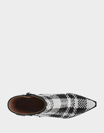 LOUISA BLACK/WHITE PLAID Women's Pointed Toe Kitten Heel Ankle Bootie | Betsey Johnson Trending