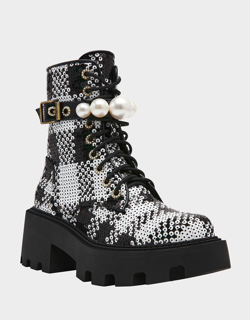 JONNIE BLACK WHITE PLAID Lace-Up Platform Combat Women's Ankle Boot | Betsey Johnson Sale