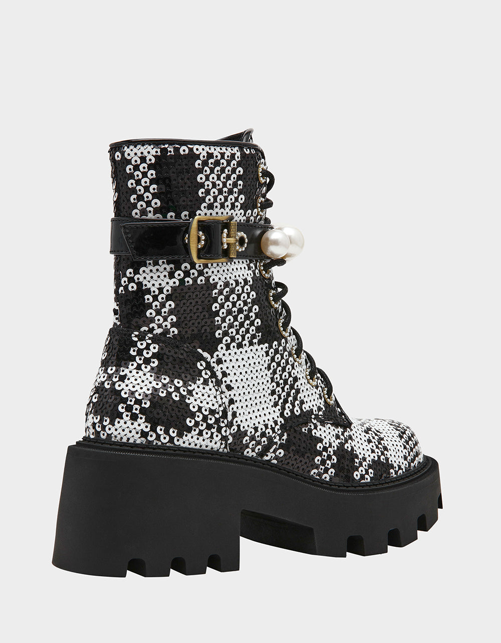 JONNIE BLACK WHITE PLAID Lace-Up Platform Combat Women's Ankle Boot | Betsey Johnson Sale