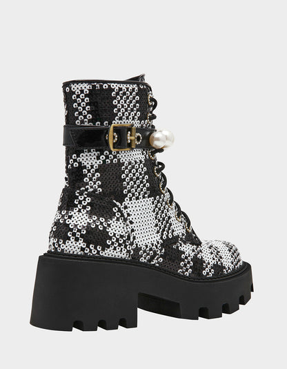JONNIE BLACK WHITE PLAID Lace-Up Platform Combat Women's Ankle Boot | Betsey Johnson Sale