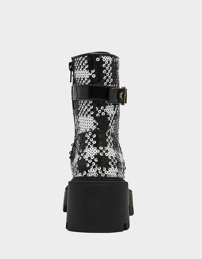 JONNIE BLACK WHITE PLAID Lace-Up Platform Combat Women's Ankle Boot | Betsey Johnson Sale