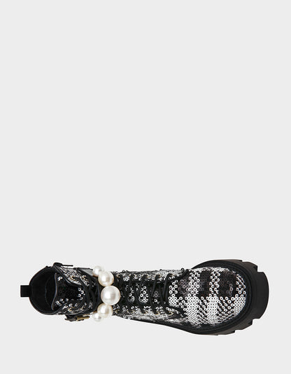 JONNIE BLACK WHITE PLAID Lace-Up Platform Combat Women's Ankle Boot | Betsey Johnson Sale