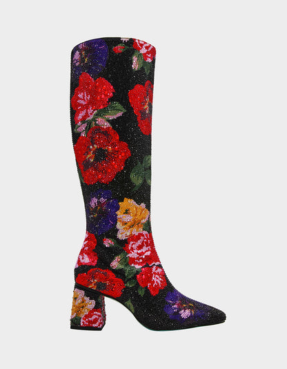 AVON BLACK FLOWER MULTI Women's Knee High Rhinestone Floral Boots | Betsey Johnson Signature