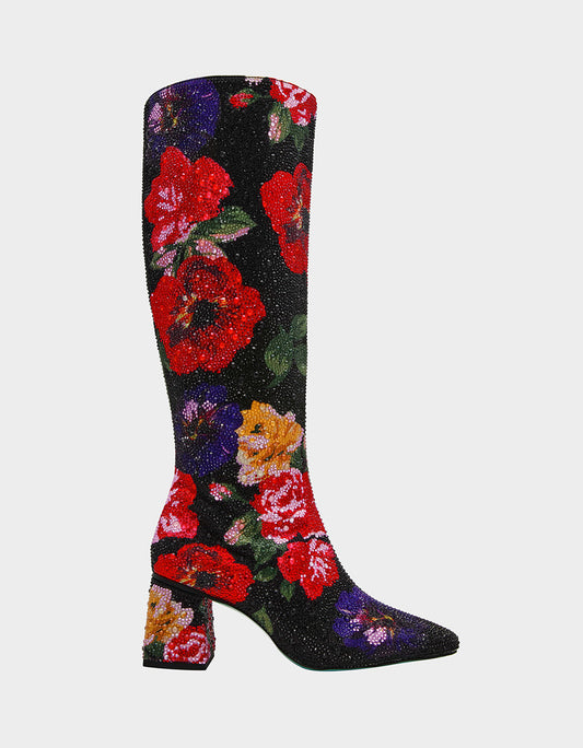AVON BLACK FLOWER MULTI Women's Knee High Rhinestone Floral Boots | Betsey Johnson Signature