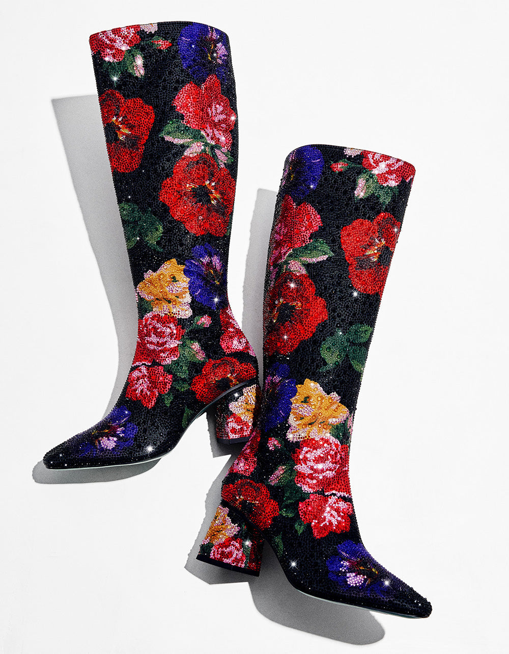 AVON BLACK FLOWER MULTI Women's Knee High Rhinestone Floral Boots | Betsey Johnson Signature