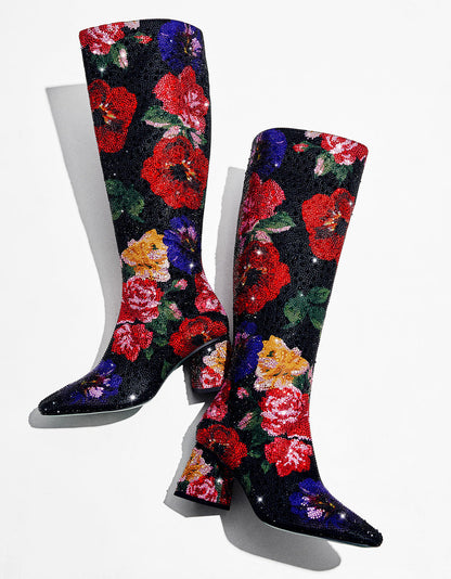 AVON BLACK FLOWER MULTI Women's Knee High Rhinestone Floral Boots | Betsey Johnson Signature
