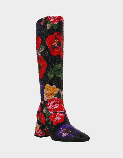 AVON BLACK FLOWER MULTI Women's Knee High Rhinestone Floral Boots | Betsey Johnson Signature