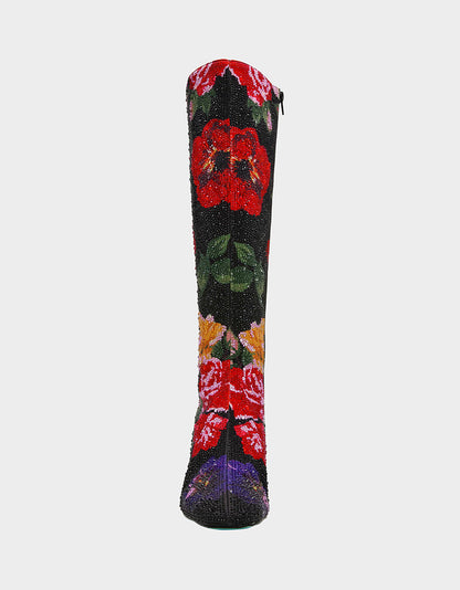 AVON BLACK FLOWER MULTI Women's Knee High Rhinestone Floral Boots | Betsey Johnson Signature