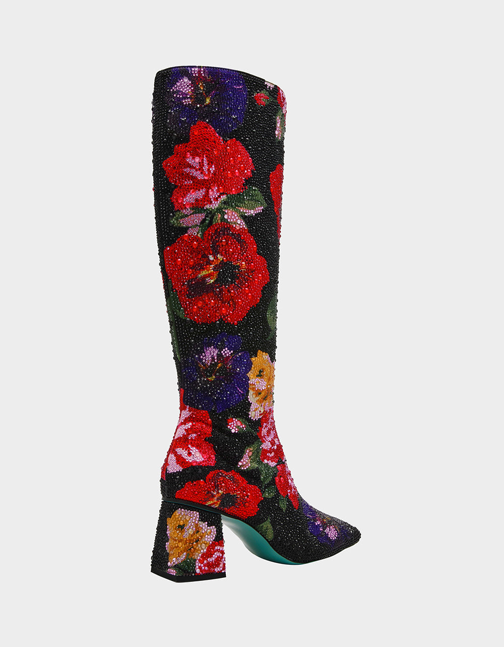 AVON BLACK FLOWER MULTI Women's Knee High Rhinestone Floral Boots | Betsey Johnson Signature