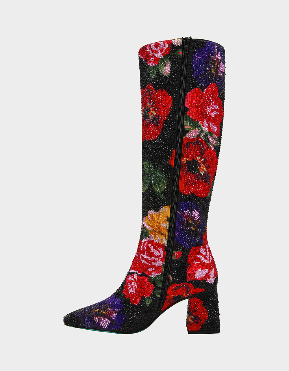 AVON BLACK FLOWER MULTI Women's Knee High Rhinestone Floral Boots | Betsey Johnson Signature