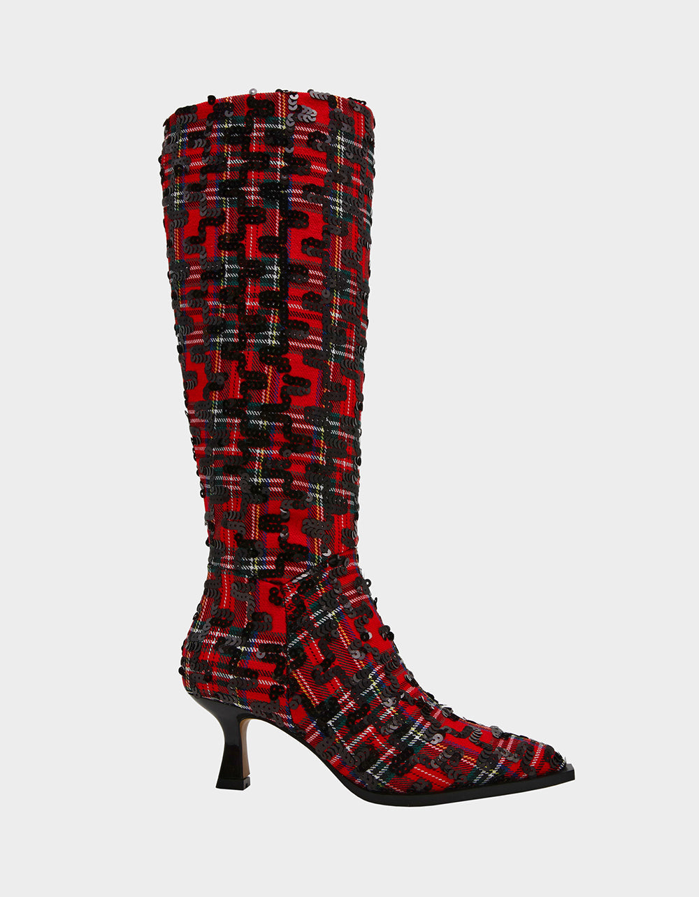PAMELLA RED PLAID Women's Knee High Kitten Heel Boot with Pointed Toe | Betsey Johnson Deals