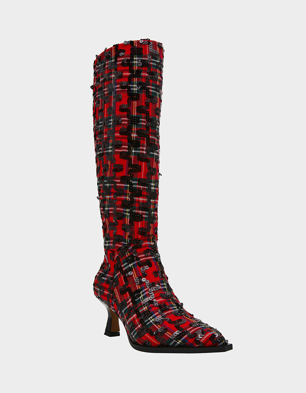 PAMELLA RED PLAID Women's Knee High Kitten Heel Boot with Pointed Toe | Betsey Johnson Deals