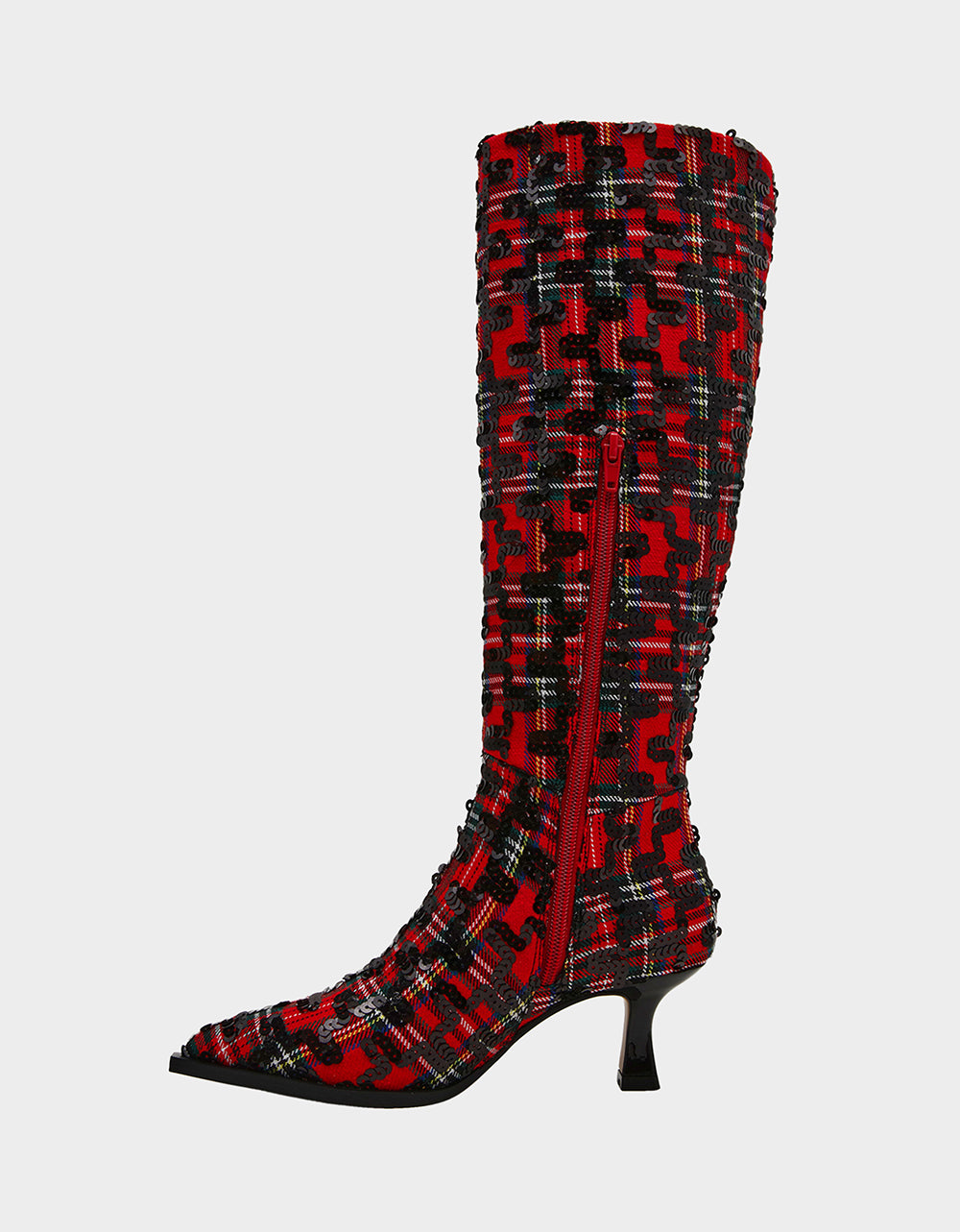 PAMELLA RED PLAID Women's Knee High Kitten Heel Boot with Pointed Toe | Betsey Johnson Deals