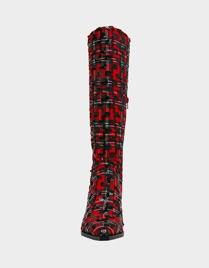 PAMELLA RED PLAID Women's Knee High Kitten Heel Boot with Pointed Toe | Betsey Johnson Deals