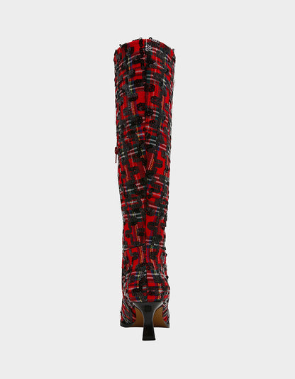 PAMELLA RED PLAID Women's Knee High Kitten Heel Boot with Pointed Toe | Betsey Johnson Deals